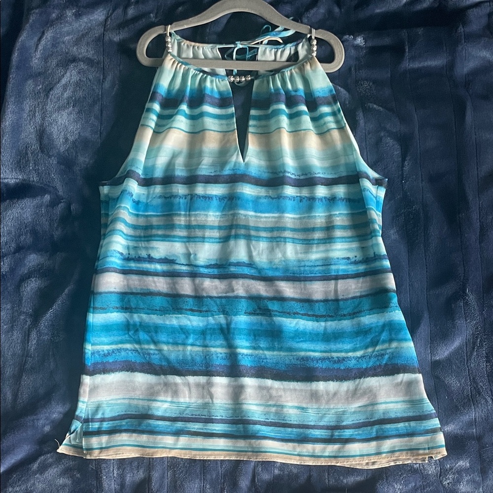White House Black Market Blue and Cream Striped Tank Top